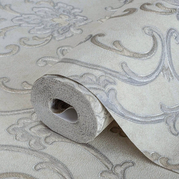 Elegant Damask Embossed Wallpaper, 3D Textured Wallcovering, Light Color Traditional, Extra Large 114 sq ft Roll, Luxury Wallpaper, Washable - Walloro High End Wallcoverings & More
