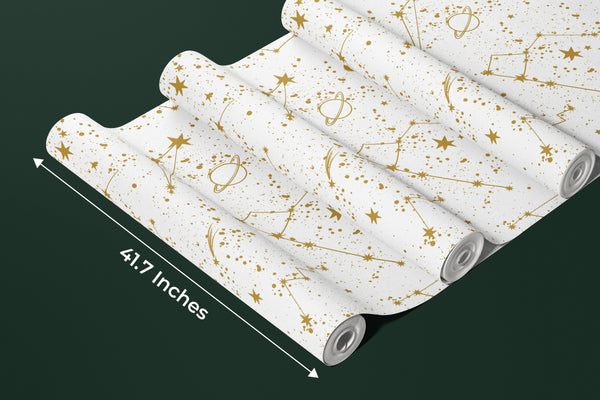 Golden Constellation Wallpaper, White Background Mural, Oversized Custom Size Wall Art, Non-Woven, Non-Adhesive, Modern Wall Paper, Removable