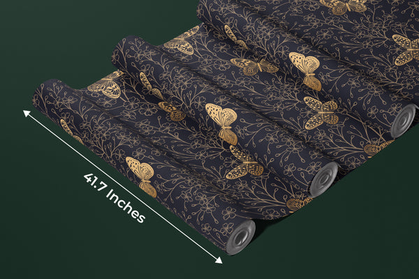 Gold Butterflies and Flowers Wallpaper, Black Background Mural, Oversized Custom Size Wall Art, Non-Woven, Non-Adhesive, Modern Wall Paper, Removable