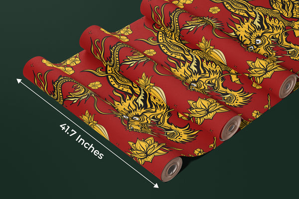Golden Chinese Dragons Wallpaper, Seamless Pattern Mural, Oversized Custom Size Wall Art, Non-Woven, Non-Adhesive, Modern Wall Paper, Removable