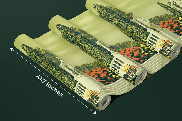 Flower Garden Wallpaper, Country House and Statues Mural, Oversized Custom Size Wall Art, Non-Woven, Non-Adhesive, Modern Wall Paper, Removable