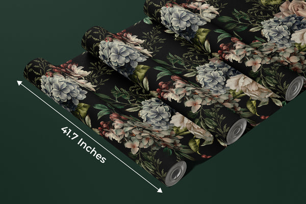 Floral Wallpaper, Dark Background Mural, Oversized Custom Size Wall Art, Non-Woven, Non-Adhesive, Modern Wall Paper, Removable
