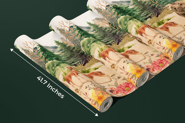 Forest Animals, Trees Wallpaper, Watercolor Mural, Oversized Custom Size Wall Art, Non-Woven, Non-Adhesive, Modern Wall Paper, Removable