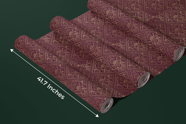 Gold Art Deco Wallpaper, Dark Red Background Mural, Oversized Custom Size Wall Art, Non-Woven, Non-Adhesive, Modern Wall Paper, Removable