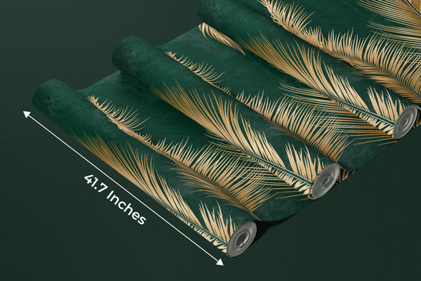 Golden Palm Leaves Wallpaper, Luxury Dark Green Art Background Mural, Oversized Custom Size Wall Art, Non-Woven, Non-Adhesive, Modern Wall Paper, Removable