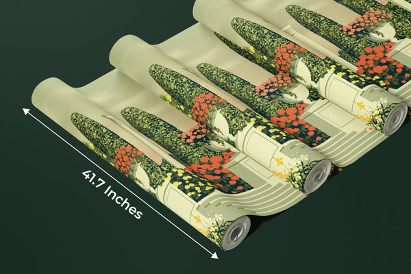 Flower Beds Wallpaper, Terrace in the Park Mural, Oversized Custom Size Wall Art, Non-Woven, Non-Adhesive, Modern Wall Paper, Removable