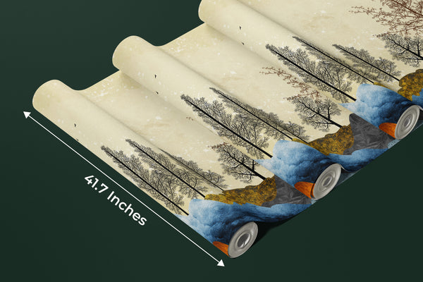 Golden Trees Wallpaper, Abstract Landscape Mural, Oversized Custom Size Wall Art, Non-Woven, Non-Adhesive, Modern Wall Paper, Removable