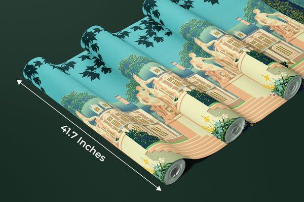 Flower Garden Wallpaper, House and Statues Mural, Oversized Custom Size Wall Art, Non-Woven, Non-Adhesive, Modern Wall Paper, Removable