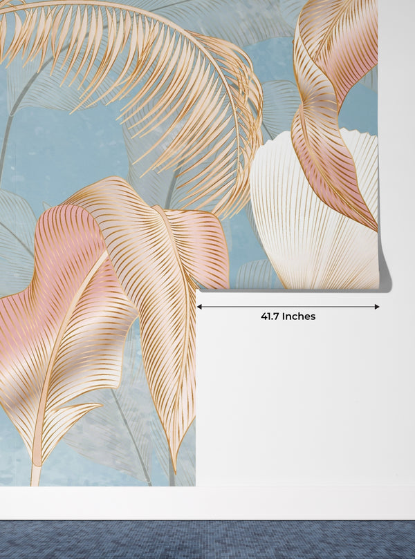 Golden Palms Wallpaper, Blue Background Mural, Oversized Custom Size Wall Art, Non-Woven, Non-Adhesive, Modern Wall Paper, Removable