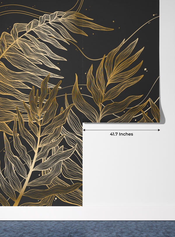 Golden Exotic Palm Leaves Wallpaper, Seamless Pattern Mural, Oversized Custom Size Wall Art, Non-Woven, Non-Adhesive, Modern Wall Paper, Removable