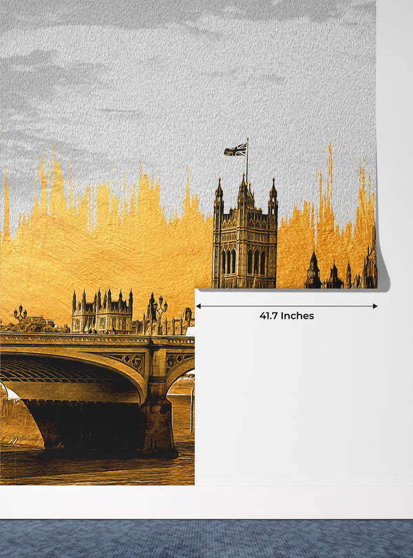 Golden View of Big Ben Wallpaper, Westminster Bridge Mural, Oversized Custom Size Wall Art, Non-Woven, Non-Adhesive, Modern Wall Paper, Removable