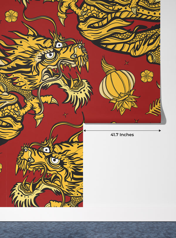 Golden Chinese Dragons Wallpaper, Seamless Pattern Mural, Oversized Custom Size Wall Art, Non-Woven, Non-Adhesive, Modern Wall Paper, Removable