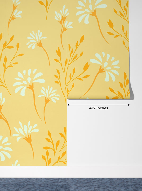 Flowers, Summer Yellow Wallpaper, Seamless Pattern Mural, Oversized Custom Size Wall Art, Non-Woven, Non-Adhesive, Modern Wall Paper, Removable