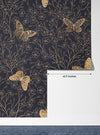 Gold Butterflies and Flowers Wallpaper, Black Background Mural, Oversized Custom Size Wall Art, Non-Woven, Non-Adhesive, Modern Wall Paper, Removable