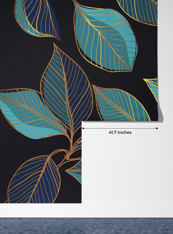 Gold Leaves Wallpaper, Black Background Mural, Oversized Custom Size Wall Art, Non-Woven, Non-Adhesive, Modern Wall Paper, Removable