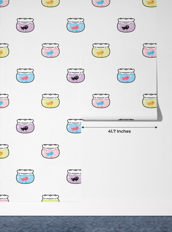 Goldfishes Doodle Wallpaper, Seamless Pattern Mural, Oversized Custom Size Wall Art, Non-Woven, Non-Adhesive, Modern Wall Paper, Removable