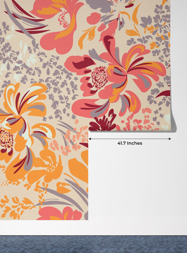 Floral Red and Yellow Wallpaper, Seamless Pattern Mural, Oversized Custom Size Wall Art, Non-Woven, Non-Adhesive, Modern Wall Paper, Removable