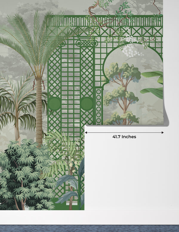 Garden and Peacock Wallpaper,Botanic and Lattice Wall Mural, Oversized Custom Size Wall Art, Non-Woven, Non-Adhesive, Modern Wall Paper, Removable