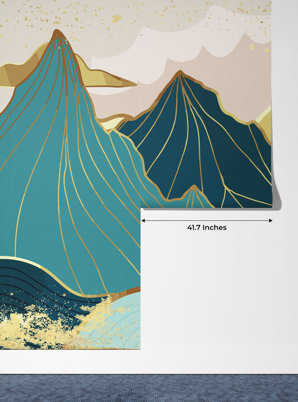 Gold Line Mountains Wallpaper, Landscape Mural, Oversized Custom Size Wall Art, Non-Woven, Non-Adhesive, Modern Wall Paper, Removable