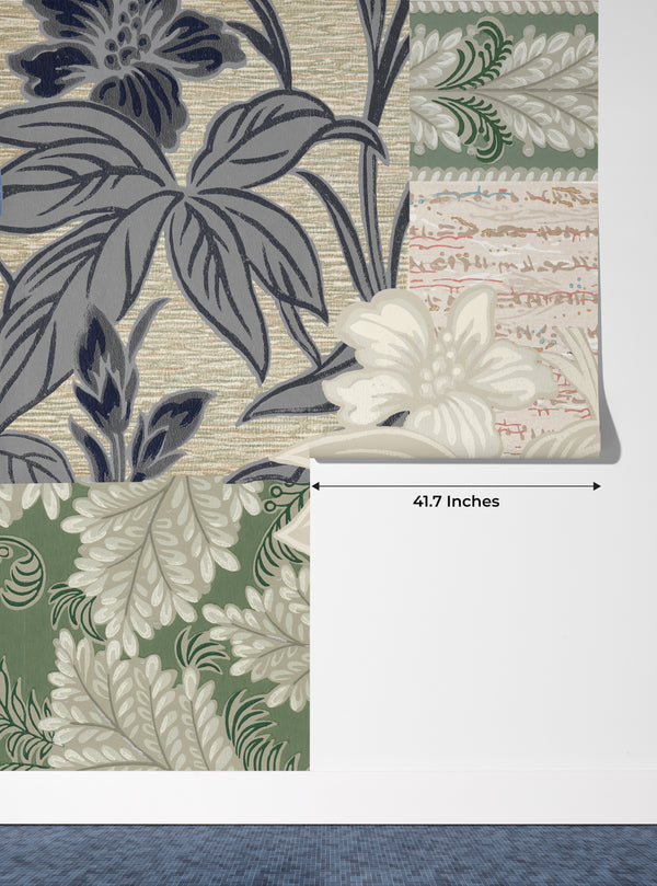 Floral Wallpaper, Patchwork Mural, Oversized Custom Size Wall Art, Non-Woven, Non-Adhesive, Modern Wall Paper, Removable