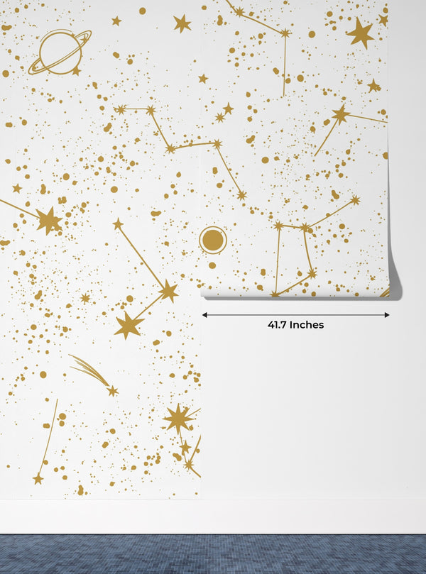 Golden Constellation Wallpaper, White Background Mural, Oversized Custom Size Wall Art, Non-Woven, Non-Adhesive, Modern Wall Paper, Removable