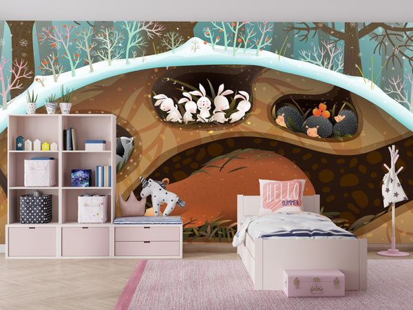Forest Animals Wallpaper, Sleeping in Den Mural, Oversized Custom Size Wall Art, Non-Woven, Non-Adhesive, Modern Wall Paper, Removable