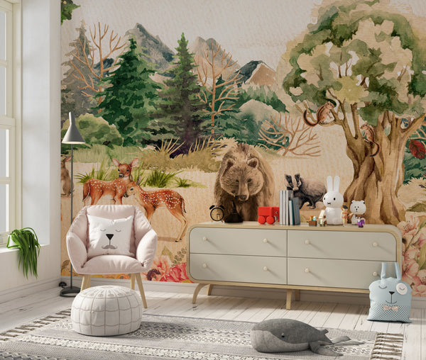 Forest Animals, Trees Wallpaper, Watercolor Mural, Oversized Custom Size Wall Art, Non-Woven, Non-Adhesive, Modern Wall Paper, Removable
