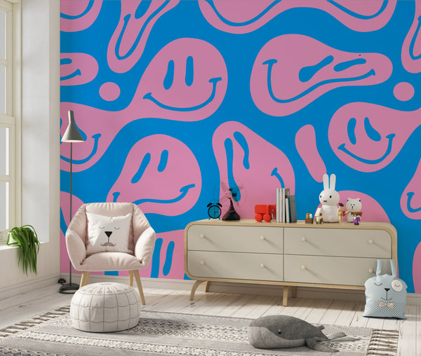 Funny Melting Wallpaper, Happy Face Mural, Oversized Custom Size Wall Art, Non-Woven, Non-Adhesive, Modern Wall Paper, Removable
