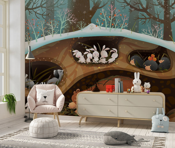 Forest Animals Wallpaper, Sleeping in Den Mural, Oversized Custom Size Wall Art, Non-Woven, Non-Adhesive, Modern Wall Paper, Removable