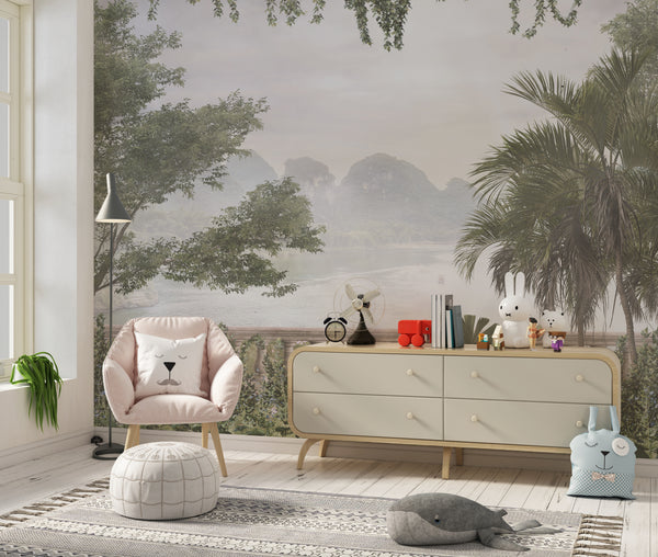 Foggy Forest Wallpaper, Tropical Leaves, Trees Mural, Oversized Custom Size Wall Art, Non-Woven, Non-Adhesive, Modern Wall Paper, Removable