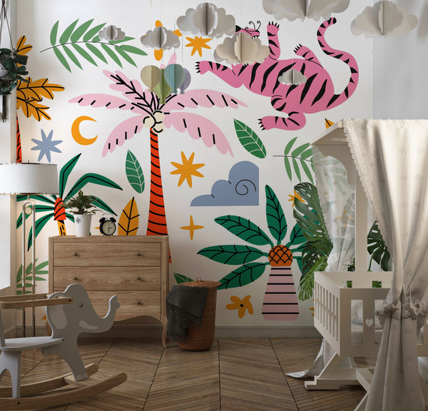 Exotic Tropical Wild Wallpaper, Cartoon Retro Style Mural, Oversized Custom Size Wall Art, Non-Woven, Non-Adhesive, Modern Wall Paper, Removable