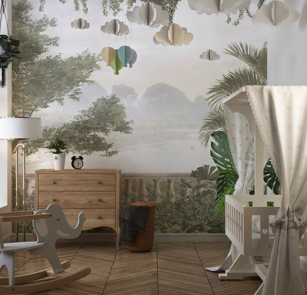 Foggy Forest Wallpaper, Tropical Leaves, Trees Mural, Oversized Custom Size Wall Art, Non-Woven, Non-Adhesive, Modern Wall Paper, Removable