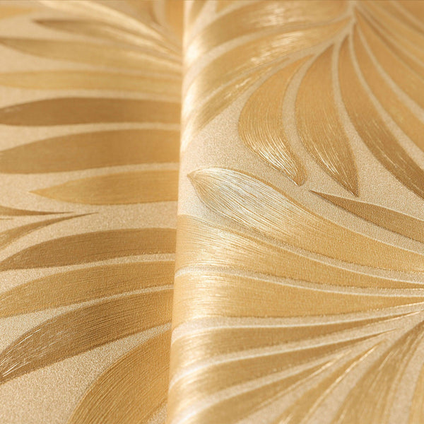 Gold Luxury Leaves Solid Color Shades Wallpaper, Deep Embossed Flocked Velvet Feeling Design - Walloro High End Wallcoverings & More
