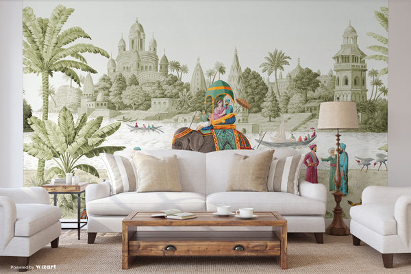Indian Elephant Scene Wallpaper, Early Morning of India Historical Wall Mural, Green Custom Size Wall Covering, Non-Woven, Non-Pasted, Removable - Walloro High End Wallcoverings & More