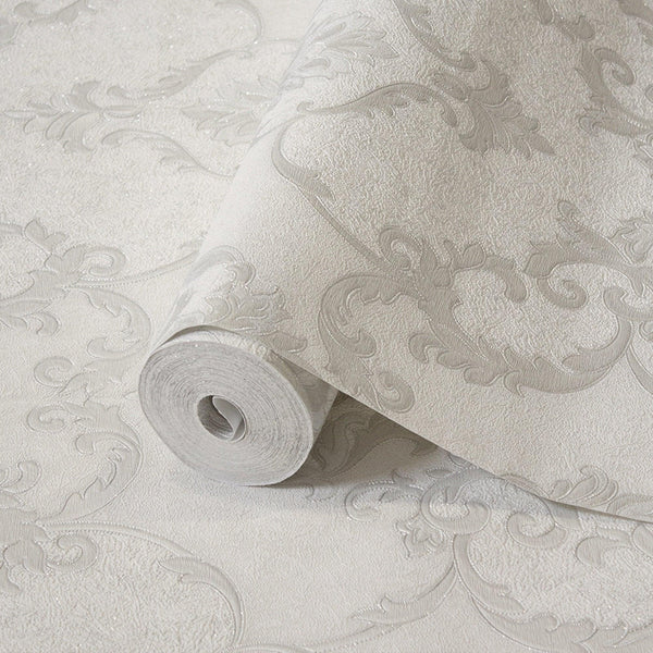Italian Damask Embossed Wallpaper, Off White Sparkling Neutral Colors Luxury Wallcovering, 3D Textured, Non-Woven, Non-Pasted - Walloro High End Wallcoverings & More