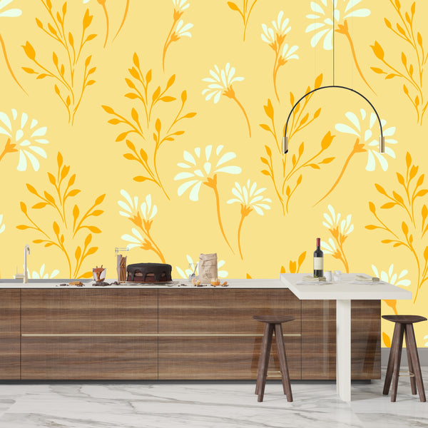 Flowers, Summer Yellow Wallpaper, Seamless Pattern Mural, Oversized Custom Size Wall Art, Non-Woven, Non-Adhesive, Modern Wall Paper, Removable