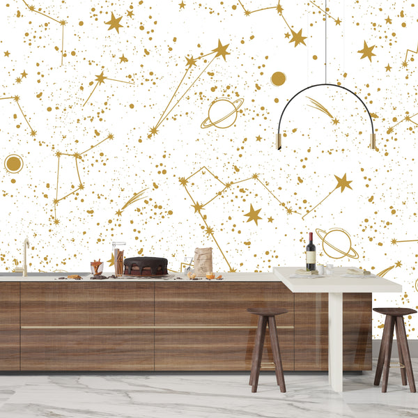 Golden Constellation Wallpaper, White Background Mural, Oversized Custom Size Wall Art, Non-Woven, Non-Adhesive, Modern Wall Paper, Removable
