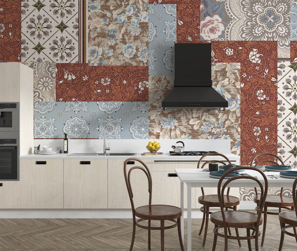 Floral Wallpaper, Brown and Blue Patchwork Mural, Oversized Custom Size Wall Art, Non-Woven, Non-Adhesive, Modern Wall Paper, Removable