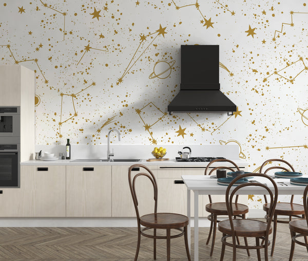 Golden Constellation Wallpaper, White Background Mural, Oversized Custom Size Wall Art, Non-Woven, Non-Adhesive, Modern Wall Paper, Removable