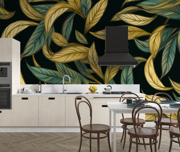 Gold and Light Green Leaves Wallpaper, Seamless Pattern Mural, Oversized Custom Size Wall Art, Non-Woven, Non-Adhesive, Modern Wall Paper, Removable