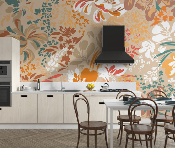 Floral Brown and Green Wallpaper, Seamless Pattern Mural, Oversized Custom Size Wall Art, Non-Woven, Non-Adhesive, Modern Wall Paper, Removable