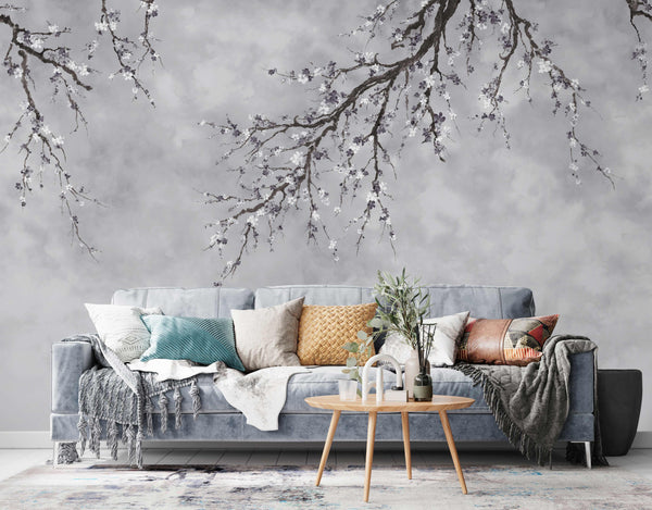 Large Blossom Tree Wallpaper, Gray Chinoiserie Nature Flowers Wall Mural, Custom Size Wall Covering, Non-Woven, Non-Pasted, Removable, Washable, Floral Art - Walloro High End Wallcoverings & More