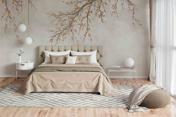 Large Blossom Tree Wallpaper, Yellow Chinoiserie Nature Flowers Wall Mural, Custom Size Wall Covering, Non-Woven, Non-Pasted, Removable, Washable, Floral Art - Walloro High End Wallcoverings & More