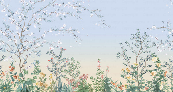 Large Chinoiserie Blossom Floral Wallpaper, Blue Ombre Flowers Birds Wall Mural, Custom Size Wall Covering, Non-Woven, Non-Pasted, Removable - Walloro High End Wallcoverings & More