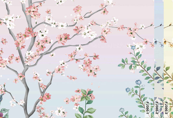 Large Chinoiserie Blossom Floral Wallpaper, Pink Ombre Flowers Birds Wall Mural, Custom Size Wall Covering, Non-Woven, Non-Pasted, Removable - Walloro High End Wallcoverings & More
