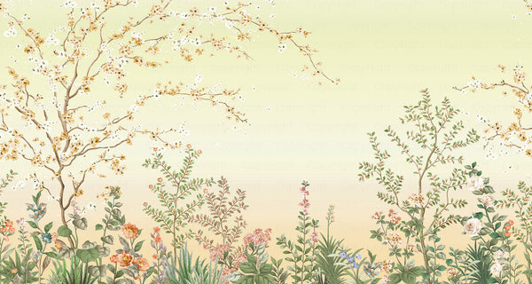 Large Chinoiserie Blossom Floral Wallpaper, Yellow Ombre Flowers Birds Wall Mural, Custom Size Wall Covering, Non-Woven, Non-Pasted, Removable - Walloro High End Wallcoverings & More