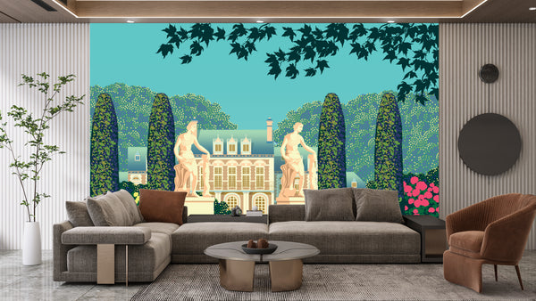 Flower Garden Wallpaper, House and Statues Mural, Oversized Custom Size Wall Art, Non-Woven, Non-Adhesive, Modern Wall Paper, Removable
