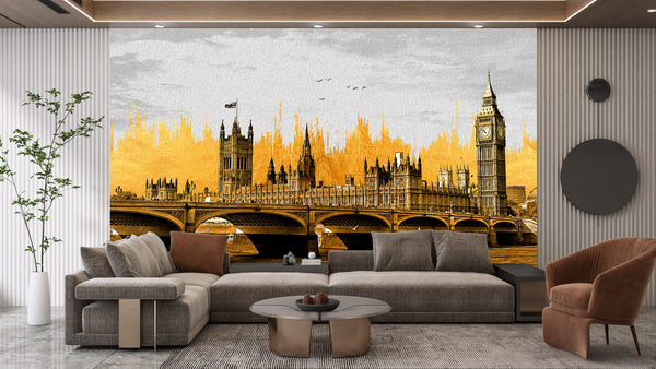 Golden View of Big Ben Wallpaper, Westminster Bridge Mural, Oversized Custom Size Wall Art, Non-Woven, Non-Adhesive, Modern Wall Paper, Removable