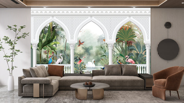 Garden Arch Wallpaper, Birds Mural, Oversized Custom Size Wall Art, Non-Woven, Non-Adhesive, Modern Wall Paper, Removable