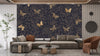 Gold Butterflies and Flowers Wallpaper, Black Background Mural, Oversized Custom Size Wall Art, Non-Woven, Non-Adhesive, Modern Wall Paper, Removable